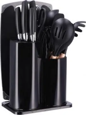 Produktbild von 17-teiliges Küchenutensilien-Set, Messerblock mit Utensilienhalter und Schneidebrett.