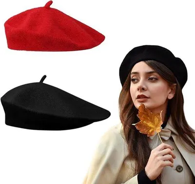 Zdjęcie produktu dla Zestaw dwóch czapek typu beret – średni rozmiar – 56–58 cm – tradycyjne francuskie czapki – czapki damskie – klasyczne czapki zimowe – czarny, czerwony