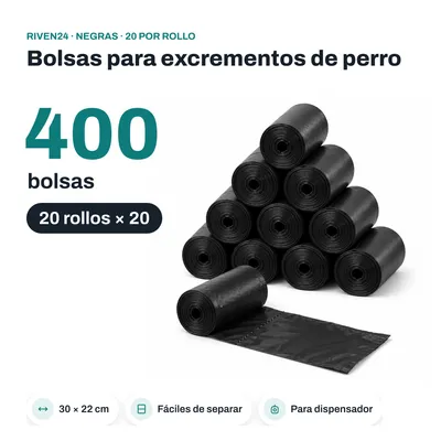 Imagen del producto de RIVEN24 Bolsas para excrementos de perro negras, 400 bolsas (20 rollos × 20), 30 × 22 cm, para dispensador