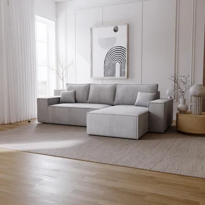 Produktbild von Ecksofa mit Schlaffunktion Bergamo L - Sofa 275 cm mit Bettkasten - Rechts, Ecksofa L-Form, Schlafsofa, Cordstoff Hellgrau (Poso 55)