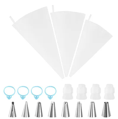 Produktbild von Spritzbeutel Set 3 Stück Baumwolle mit 8 Tüllen aus Edelstahl | 3 Größen 40/35/30 cm, BPA-frei
