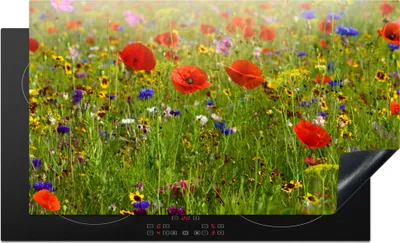 Produktbild von KitchenYeah© Herdabdeckplatte Frühling - Blumen - Rot - Mohn - Gras - Grün , 89x51cm, Küche Deko, Glaskeramikkochfeld Herdabdeckung, Abdeckplatte fùr Kochfeld