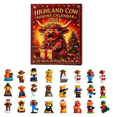 Zdjęcie produktu dla Kalendarz adwentowy 2026 Krowa Highland 24-dniowy odliczanie z ozdobami 3D g