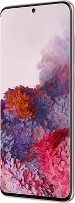 A pink Samsung Galaxy S20 5G smartphone with a colorful wallpaper displayed on the screen.
