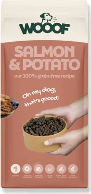 Produktbild von Hundetrockenfutter WOOOF Lachs und Kartoffel 18KG Hypoallergenes Hundefutter getreidefrei kaltgepresst für empfindliche Hunde