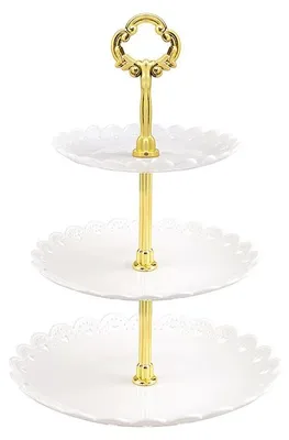 Produktbild von Weiße 3-stöckige Etagere mit goldenem Griff für Kuchen und Desserts, Kunststoff