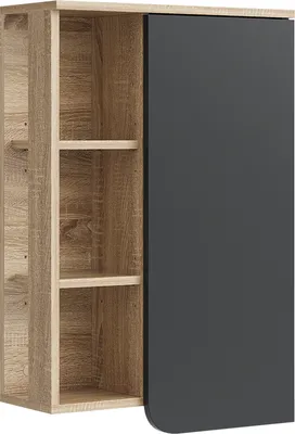 A close-up, side view of a wall-mounted cabinet with open shelves on the left and a dark gray door on the right.