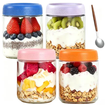 4er-Set Overnight Oats Gläser 480 ml mit Deckel & Löffel