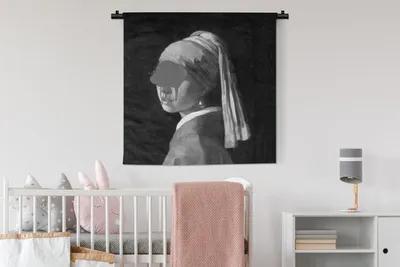 Produktbild von MuchoWow® Wandteppich Wandbehang Das Mädchen mit dem Perlenohrring - Johannes Vermeer - Schwarz und weiß 90x90 cm Tapisserie Dekoration Wandtuch - Wandaufhänger