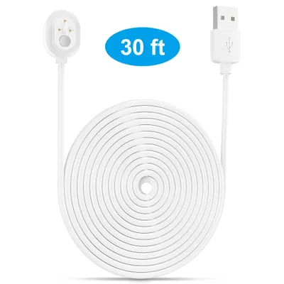 A white charging cable coiled up, with a USB connector on one end and a magnetic charging tip on the other. A blue oval with '30 ft' is visible in the upper right.