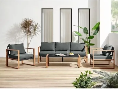 Image de Salon de jardin bas en aluminium effet bois, 5 places, PUERTO, Gris, Avec coussins