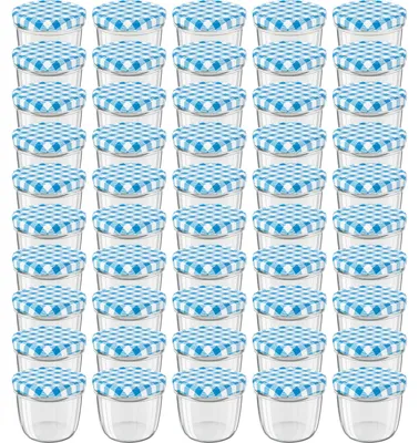 Zdjęcie produktu dla Słoiki WELLGRO, niebieskie w kratkę, 230 ml z zakrętką - pojemność 230 ml, wymiary 8,5 x 6,5 cm (średnica x wysokość), szkło / metal, niebieskie zakrętki w kratkę. Numer produktu: 82. Wyprodukowano w Niemczech. Dostępne różne ilości. Ilość: 50 sztuk