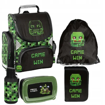 Produktbild von Schulranzen 5-tlg. Set für Mädchen & Jungen PIXELS – Paso Ranzen, Mäppchen, Tasche, Flasche, Frühstückstasche