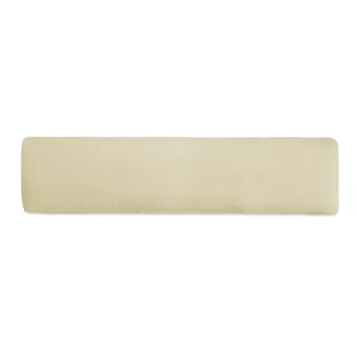 A long, beige bolster pillow is shown against a white background.