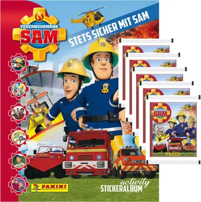 The image shows the cover of a 'Feuerwehrmann Sam' (Fireman Sam) activity sticker album, with several sticker packets stacked to the right.
