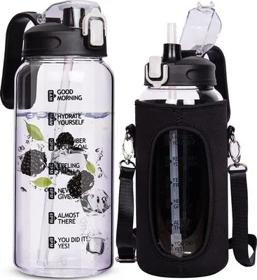 Produktbild von Famanu Trinkflasche Glas mit Strohhalm - 2 Liter, Borosilikatglas, mit Zeitmarkierung