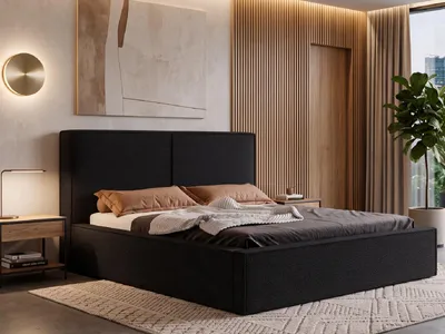 Produktbild von Polsterbett MADERO 180x200 cm mit Bettkasten, Stauraum und Metall-Lattenrost – Bouclé Stoff Schwarz