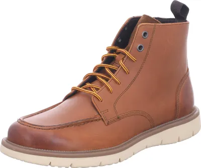 A single brown leather boot is shown against a white background.