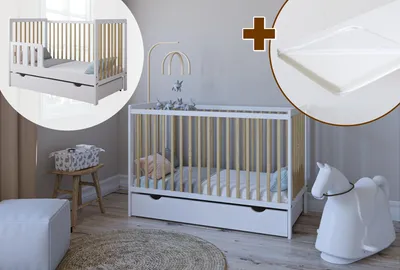 Produktbild von ZEE LUMI Weiß/Natur Babybett 120x60 cm mit Matratze Schublade & Schutzgitter 2in1 Kinderbett aus Kiefernholz Höhenverstellbar EN 716 Juniorbett