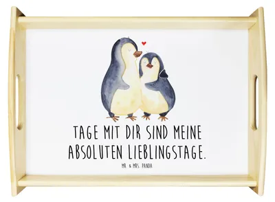 Produktbild von Mr. & Mrs. Panda Serviertablett Pinguin umarmen - Weiß - Geschenk, tablett aus holz, betttablett, Sofa, Hochzeitstag, Liebe, Servier, Hochzeitsgeschenk, Holztablett