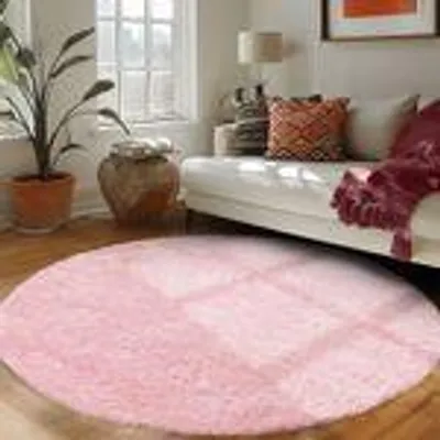 Produktbild von Teppich Wohnzimmer Hochflor Einfarbiges Design Langflor Shaggy Modern Flauschig, Größe: 80 cm Rund, Farbe: Rosa