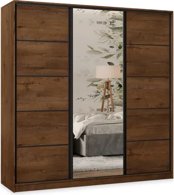 Produktbild von Masseno Schiebetürenschrank PINA 200/205/58 cm Kleiderschrank mit 4 Schubladen Schlafzimmer Schrank 3-türig mit Spiegel Eiche Lefkas