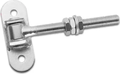 A metal hinge with a threaded bolt and nuts, mounted on a white background.
