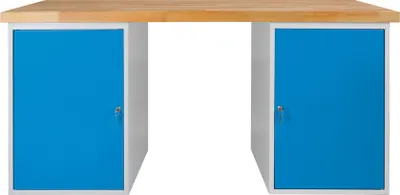 Produktbild von Werkbank Rhino Plus mit 2 Stahlblechkästen | HxBxT 84x150x70cm | Traglast 500kg | Lichtgrau/Lichtblau