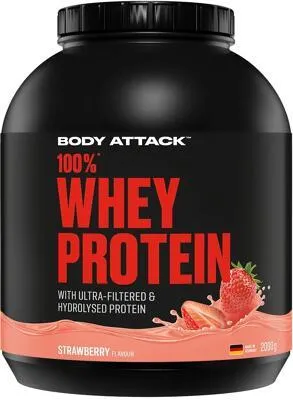 Produktbild von Body Attack 100 % Whey Protein, Strawberry, 2000 g Dose