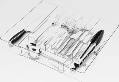 Produktbild von Besteckschublade Organizer, Ausziehbarer Besteckkasten aus Kunststoff für Küchenschublade, Klar Verstellbare Utensilienschublade Organizer für Messer, Gabeln, Löffel, 21,5-38,5 x 33,5 x 5,2 cm