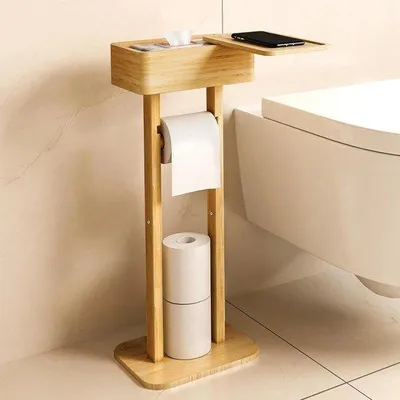 Produktbild von Freistehender Toilettenpapierhalter mit Ablage und 360° Drehung aus Bambus