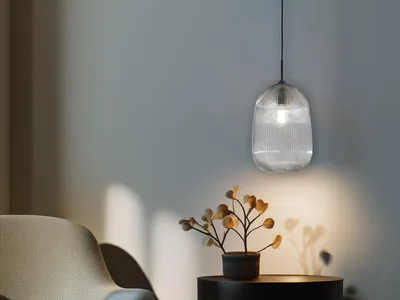 Produktbild von Retro LED Pendelleuchte einflammig mit Rillenglas Lampenschirm Rauchglas Ø 21cm