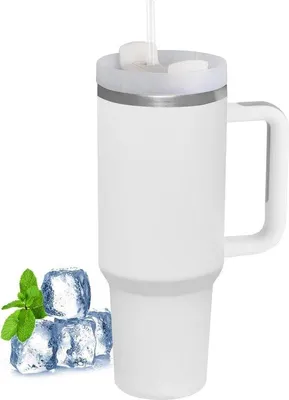Produktbild von Famanu Thermobecher mit Strohhalm und Griff - 1180 ml - Kaffeebecher mit Deckel - doppelwandiger Edelstahl-Vakuum-Isolierbecher - tragbarer Becher