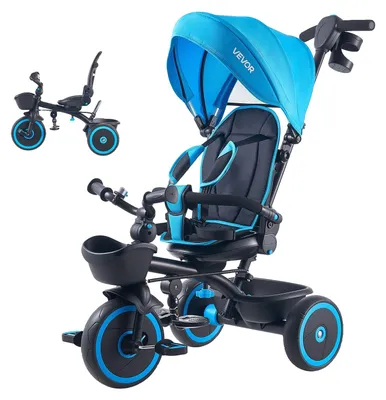 Productafbeelding van VEVOR Driewieler en kinderwagen voor kinderen van 1-5 jaar, 6-in-1 driewieler met duwstang, kap, verstelbare zitting en opbergruimte. Driewieler voor peuters, verjaardagsgeschenk voor jongens en meisjes, blauw/zwart