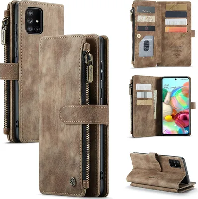 A collage of images showcasing a brown leather wallet-style phone case for a Samsung Galaxy A71 4G.