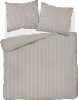 A top-down view of a beige striped duvet cover and two pillowcases on a white surface.