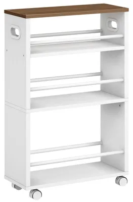 Image de Chariot de cuisine, 4 niveaux, étroit, 45 x 22 x 80 cm, en bois de noyer et blanc, avec roulettes et barrières de sécurité