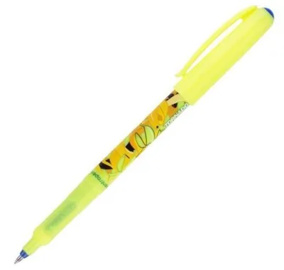 A yellow pen with a cartoon character design on it, set against a white background.