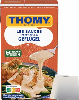 A product package for Thomy Les Sauces Geflügel Sahnesauce, showing a serving suggestion.