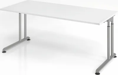Produktbild von Schreibtisch Nilo | Weiß | Silber Gestell | BxT 180x80cm | Arbeitshöhe 68-82cm | höhenjustierbar, 1cm Raster | C-Fuß-Gestell | Rechteckform