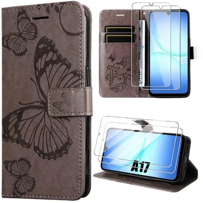 Image de Coque + 2 Verres Trempés pour Samsung Galaxy A17 4G/5G, Protection Effet Cuir Relief Papillons Marron