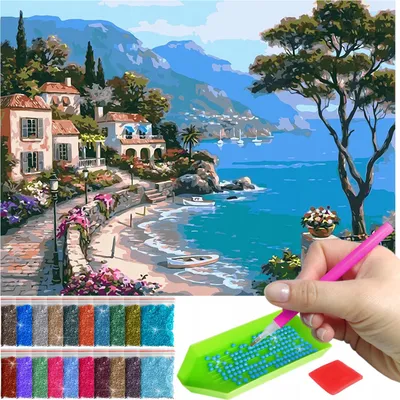 Produktbild von ARTULIO - Diamond Painting Set - Pastell-Küstendorf am Meer - 60 x 40 cm - Groß XXL - Bilder DIY, Home Wand Deko