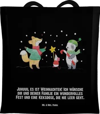 Produktbild von Mr. & Mrs. Panda Stoffbeutel Winter Weihnachtsfreude - Schwarz - Geschenk, Heiligabend, Weihnachtsbaum, Tragetasche, Tasche, Shopping, dokumententasche, Weihnachten