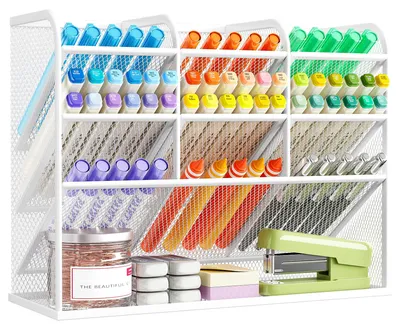 Imagen del producto de Organizador de escritorio de 3 niveles, con 10 compartimentos, color blanco, para oficina y escuela