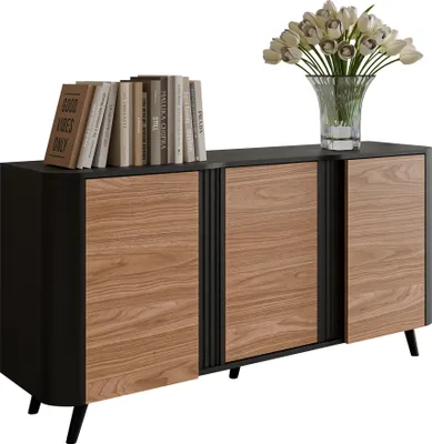 Produktbild von MIRJAN24 Kommode Volare 150 3D, Türkommode, Modernschrank, Kommode mit drei Drehtüren, Wohnzimmer Kollektion (Farbe: Schwarz / Nuss)