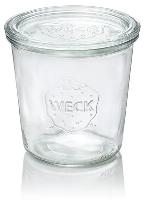 A clear glass jar with a lid, embossed with the brand name 'WECK' and a strawberry design.