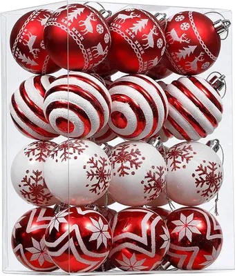 Produktbild von Kugelset - 24 unzerbrechliche Ornamente für Weihnachtsbaumdekoration, 6 cm, rot-weiß