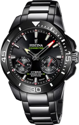 A close-up studio shot of a black Festina hybrid smartwatch with a metal band.