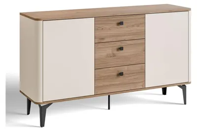 Obrázok produktu pre Komoda MOCHA, 140 cm, v farbe kašmírová orechová, s 2 dvierkami, 3 zásuvkami, čiernymi úchytkami a kovovými nožičkami