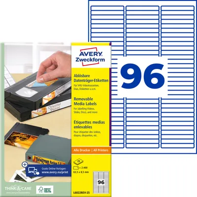 Produktbild von Avery Zweckform L6022REV-25 Etiketten für Speichermedien, 63,5 x 8,5 mm, 25 Blatt/2.400 Etiketten, weiß